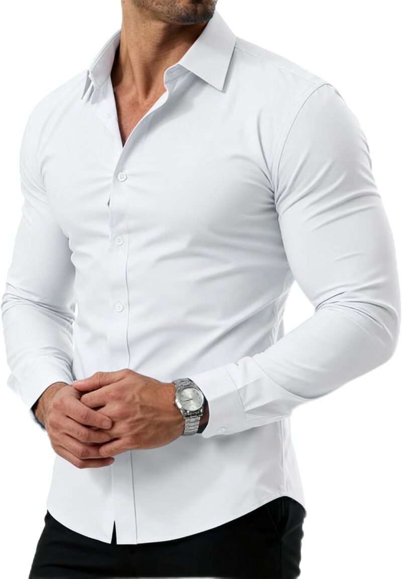 Men's Slim Fit Stretch Dress Shirt Stain Proof Wrinkle-Free Muscle Fit Long Sleeve Button Down Formal Shirt