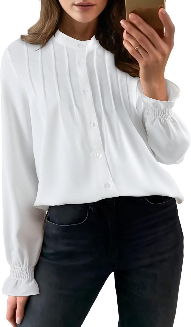 Astylish Women Casual Blouses Button-Down Business Work Tops Long Sve Mandarin Neck Pleated Shirts  Fall Outfits