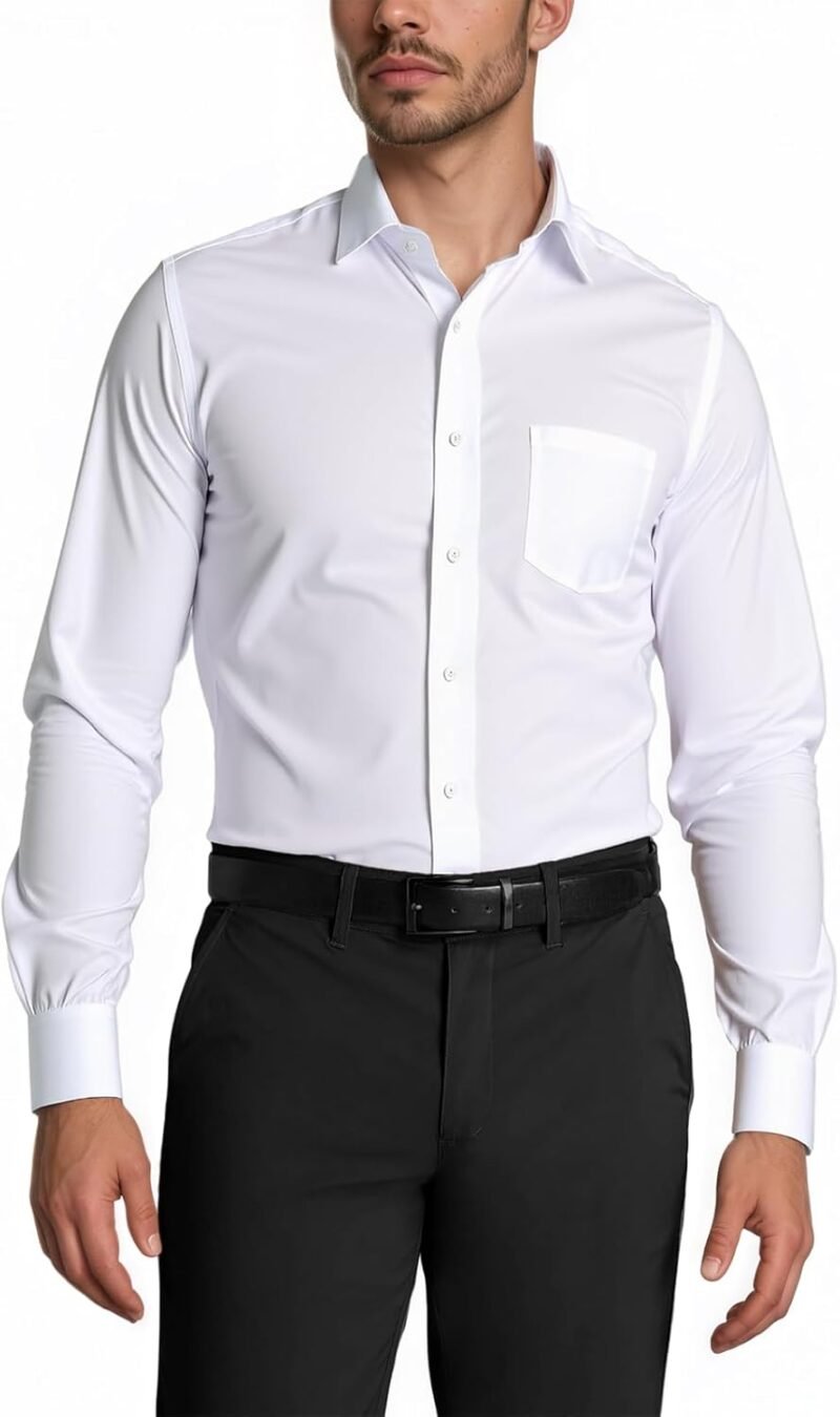 Mens Dress Shirts Long Sleeve Collared Stretch Solid Formal Wedding Dating Business Casual Button Down Shirt Pocket
