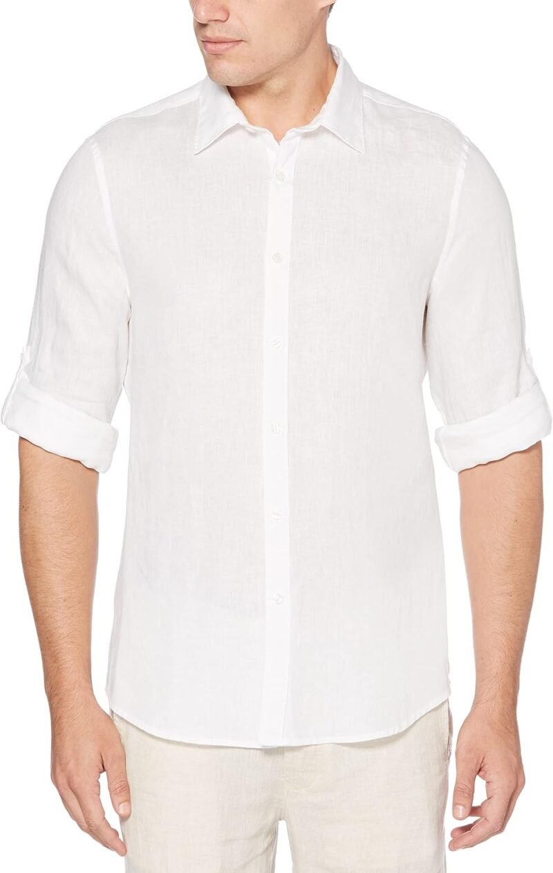 Men Roll Sleeve 100% Linen Button-Down Shirt (Size X-Small - 5X )