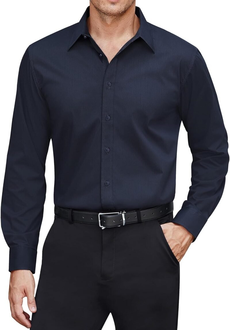 Men's Dress Shirts Stretch Stain Shield Long Sleeve Solid Formal Shirt Business Casual Button Down Shirts