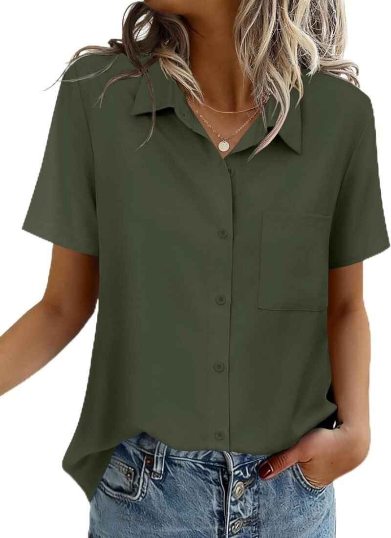 Short-Sleeve Button-Up Top — Sophisticated Business Casual Style | Spring/Summer Commute | Versatile Solid-Color Design