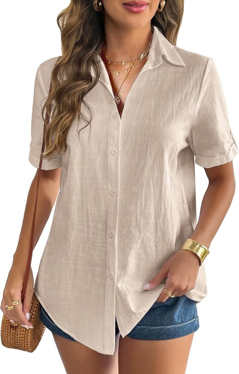 Linen V-Neck Short-Sleeve Shirt — Rolled-Cuff Design | Casual Cotton Top for Summer & Beach