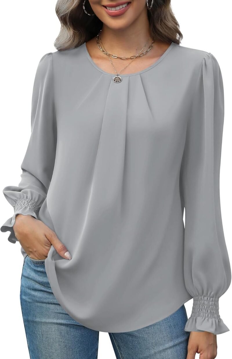 Women Tops Dressy Casual Smocked Long Sve Shirts Pleated Crew Neck Loose Chiffon Blouses Fall