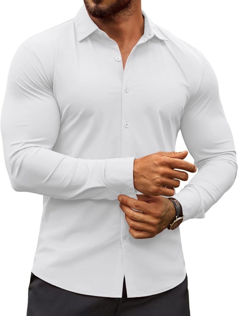 Men's Muscle Fit Dress Shirts Wrinkle-Free Long Sleeve Casual Button Down Shirts