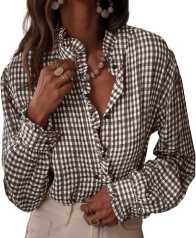 Plaid Long-Sleeve Shirt with Ruffles — V-Neck Button-Up | Stylish Plaid for Casual & Office Wear