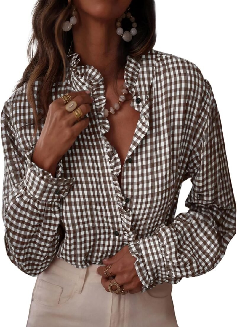Plaid Long-Sleeve Shirt with Ruffles — V-Neck Button-Up | Stylish Plaid for Casual & Office Wear