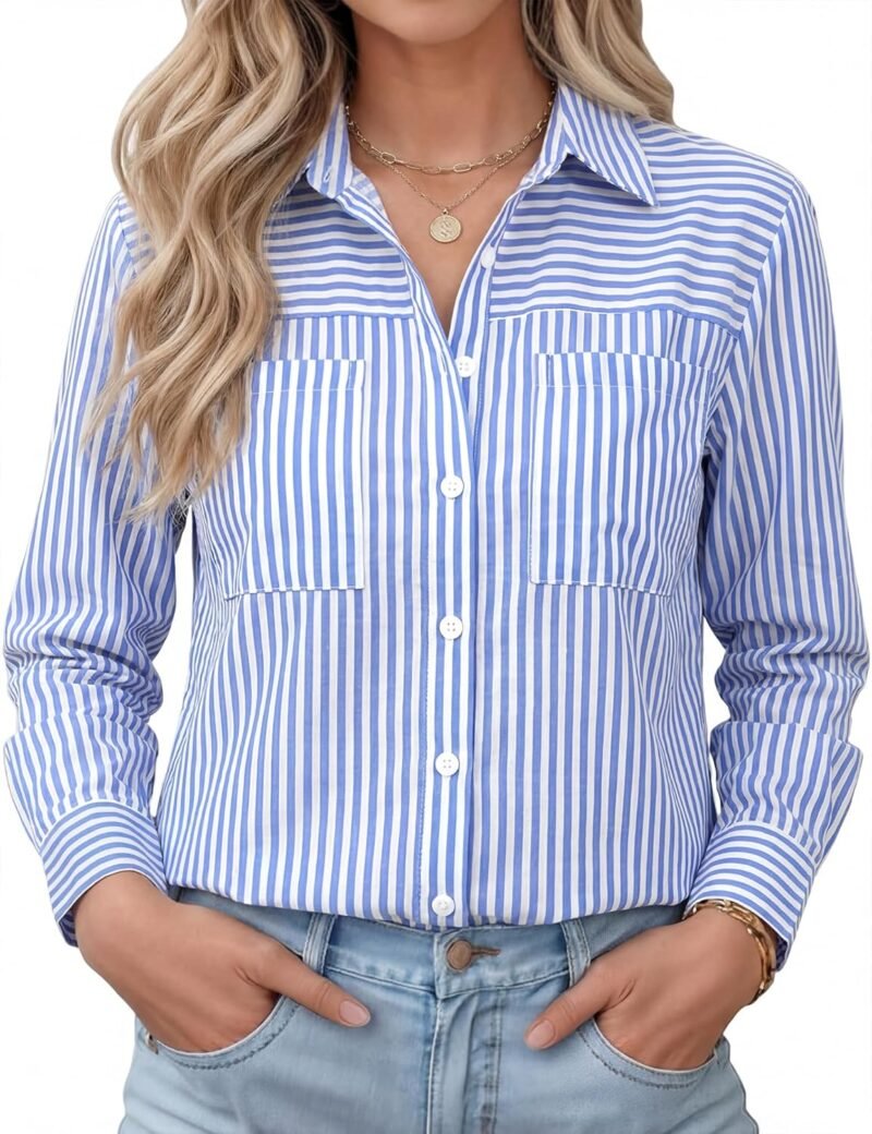 Striped Linen Long-Sleeve Shirt — Relaxed Fit with Pocket | Business Casual Style | Versatile for Office & Commuting