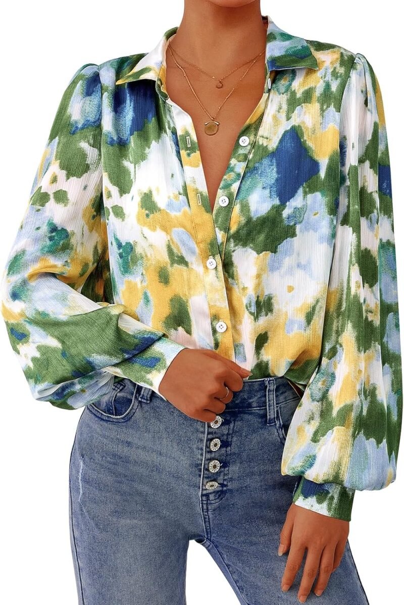 Women Floral Blouses Dressy Casual V Neck Button Down Shirts Lantern Long Sve Boho Chiffon Fall Tops