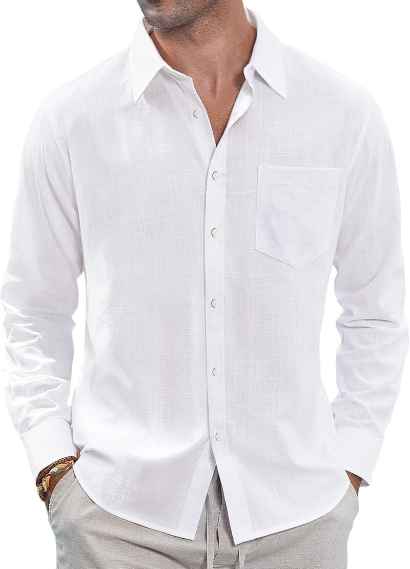 Men's Linen Shirts Casual Button Down Long Sleeve Shirt Solid Spread Collar Summer Beach Shirts with Pocket