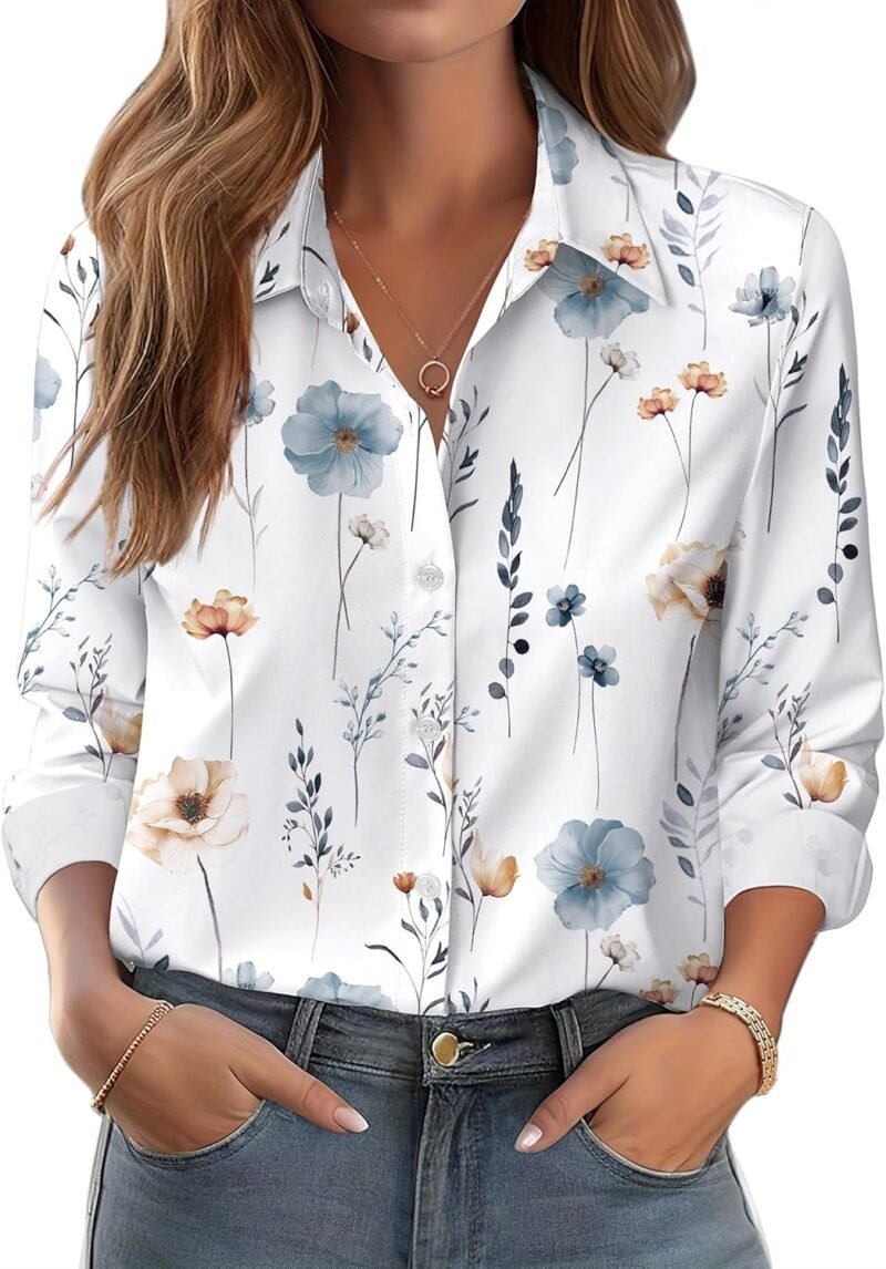Floral Print Long-Sleeve Shirt — Delicate Pattern | Collared Design | Business Casual Commuter Wear