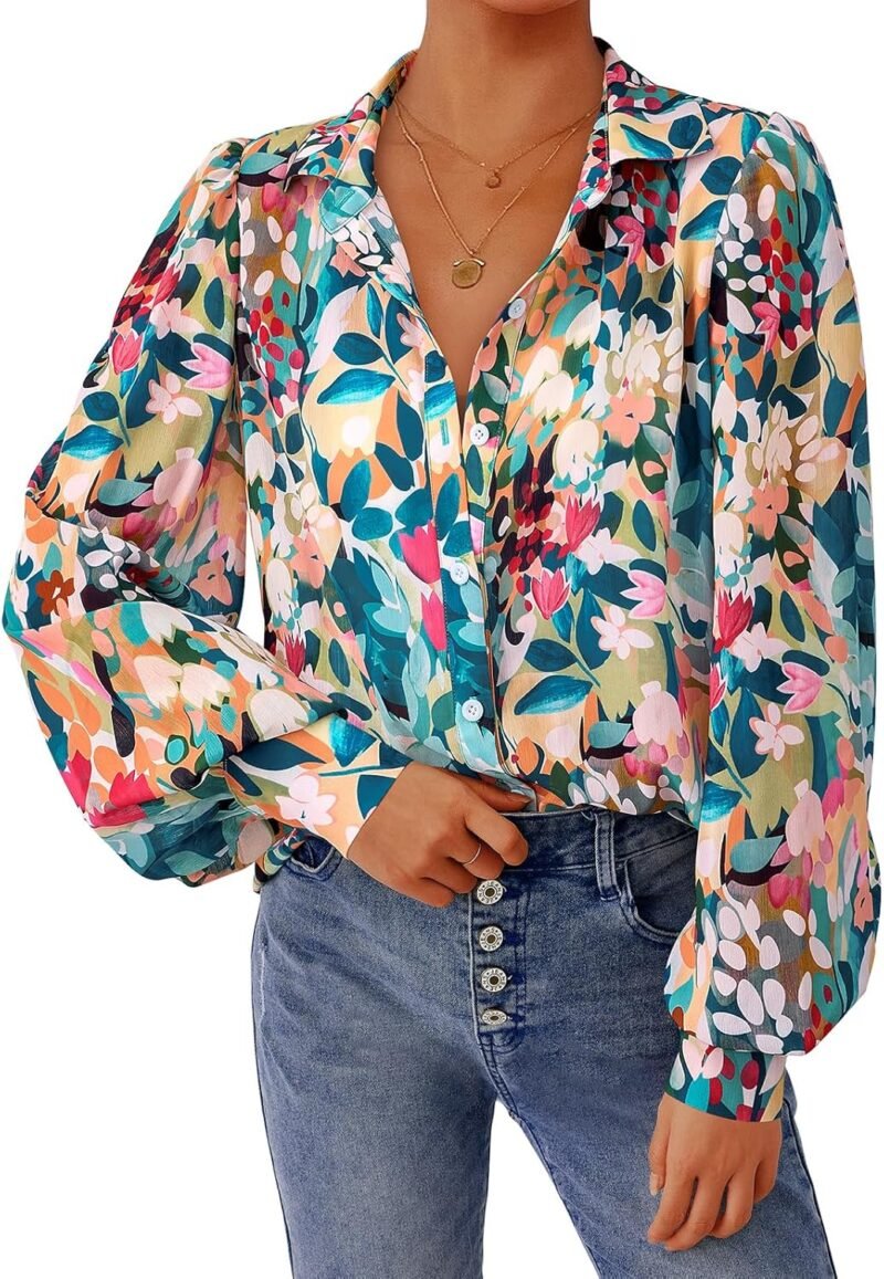 V-Neck Lantern-Sleeve Floral Shirt — Bohemian-Style Chiffon | Spring Fashion | Refined Casual Tops